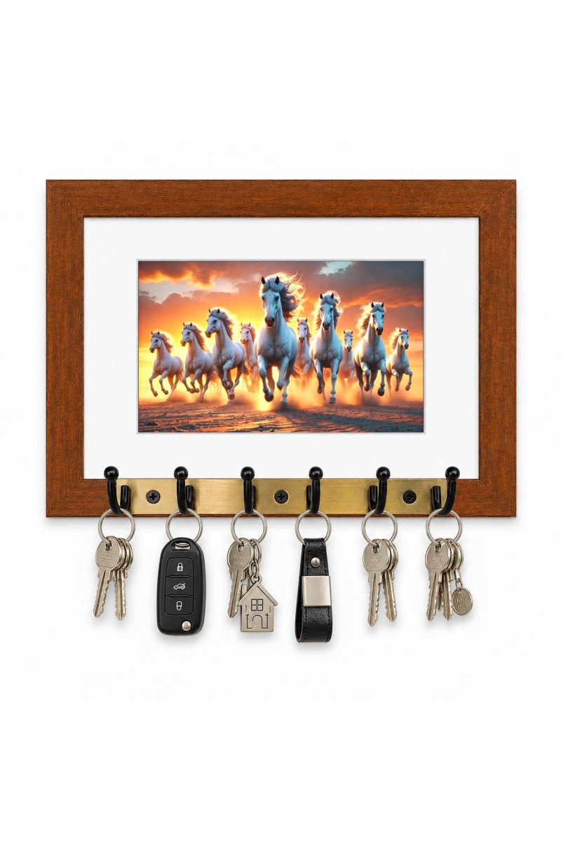 Decorative Wooden Photo Frame Key Hanger With Nature Picture, 12 X 8 Inch Wall Key Holder, 10 X 6 Inch Glossy Photo Frame, 6 Metal Hooks, Home Entrance Decor, Made In India (F38834)