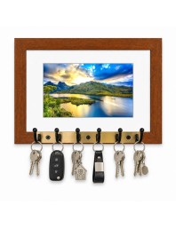 Decorative Wooden Photo Frame Key Hanger With Nature Picture, 12 X 8 Inch Wall Key Holder, 10 X 6 Inch Glossy Photo Frame, 6 Metal Hooks, Home Entrance Decor, Made In India (F38859)