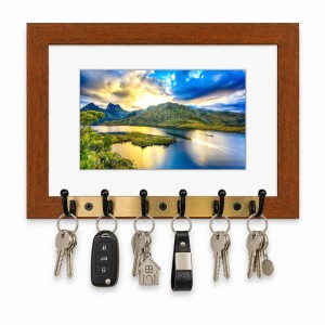 Decorative Wooden Photo Frame Key Hanger With Nature Picture, 12 X 8 Inch Wall Key Holder, 10 X 6 Inch Glossy Photo Frame, 6 Metal Hooks, Home Entrance Decor, Made In India (F38859)