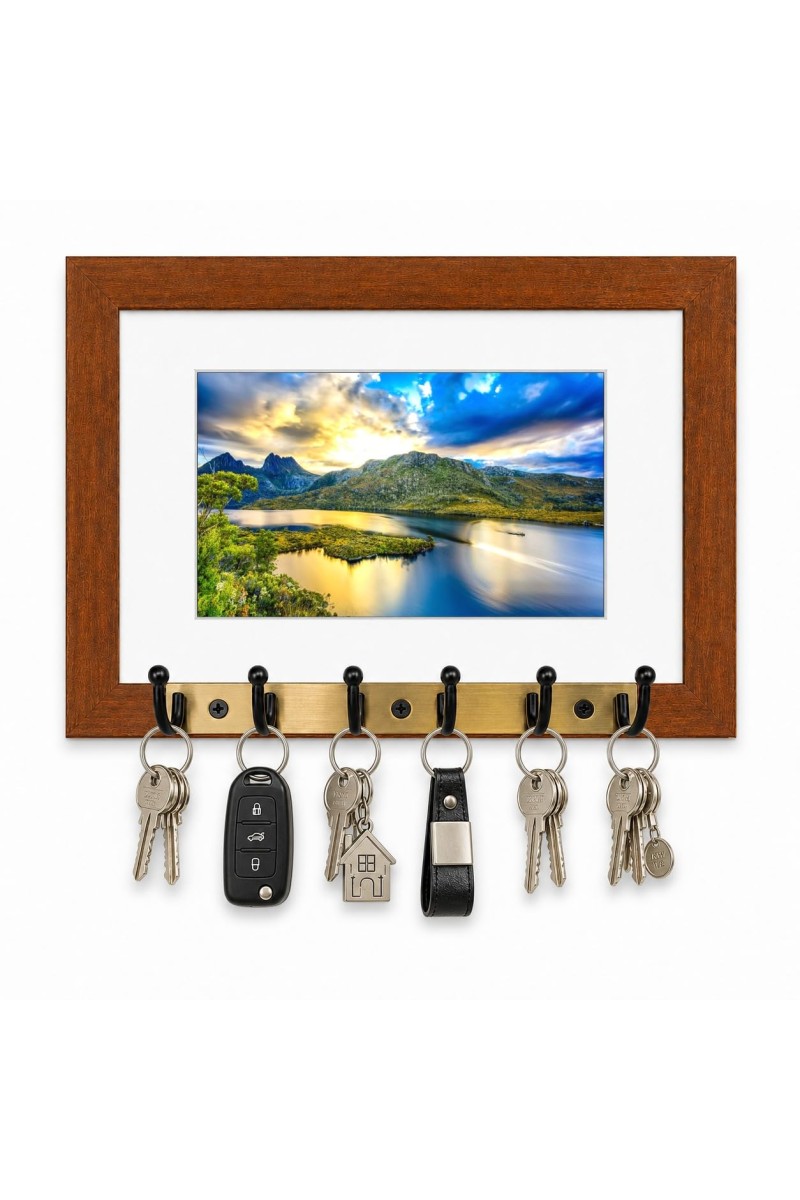 Decorative Wooden Photo Frame Key Hanger With Nature Picture, 12 X 8 Inch Wall Key Holder, 10 X 6 Inch Glossy Photo Frame, 6 Metal Hooks, Home Entrance Decor, Made In India (F38859)