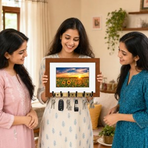 Decorative Wooden Photo Frame Key Hanger With Nature Picture, 12 X 8 Inch Wall Key Holder, 10 X 6 Inch Glossy Photo Frame, 6 Metal Hooks, Home Entrance Decor, Made In India (F38812) Decorative Wooden Photo Frame Key Hanger With Nature Picture, 12 X 8 Inch Wall Key Holder, 10 X 6 Inch Glossy Photo Frame, 6 Metal Hooks, Home Entrance Decor, Made In India (F38812)