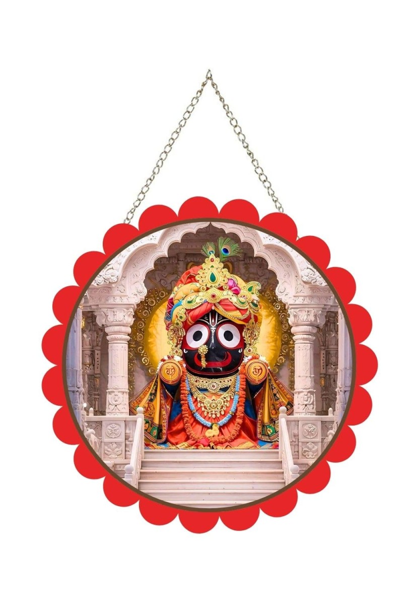 Lord Jagannath Wall Hanging Photo Frame | 8 Inch Round Floral Design With Golden Hanging Chain | Decorative Religious Wall Decor For Home, Office, Temple & Pooja Room (F21978)