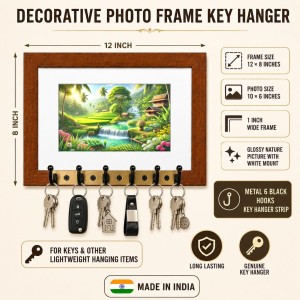 Decorative Wooden Photo Frame Key Hanger With Nature Picture, 12 X 8 Inch Wall Key Holder, 10 X 6 Inch Glossy Photo Frame, 6 Metal Hooks, Home Entrance Decor, Made In India (F38635) Decorative Wooden Photo Frame Key Hanger With Nature Picture, 12 X 8 Inch Wall Key Holder, 10 X 6 Inch Glossy Photo Frame, 6 Metal Hooks, Home Entrance Decor, Made In India (F38635)
