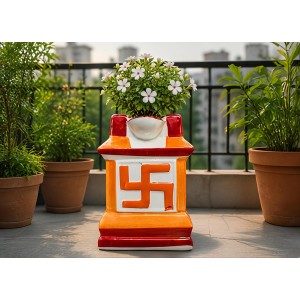 Handcrafted Ceramic Swastik Tulsi Mandir | Traditional Hindu Auspicious Symbol for Home Temple | Decorative Pooja Decor for Diwali, Navratri & Religious | Orange| Packed in a Premium Wooden Box