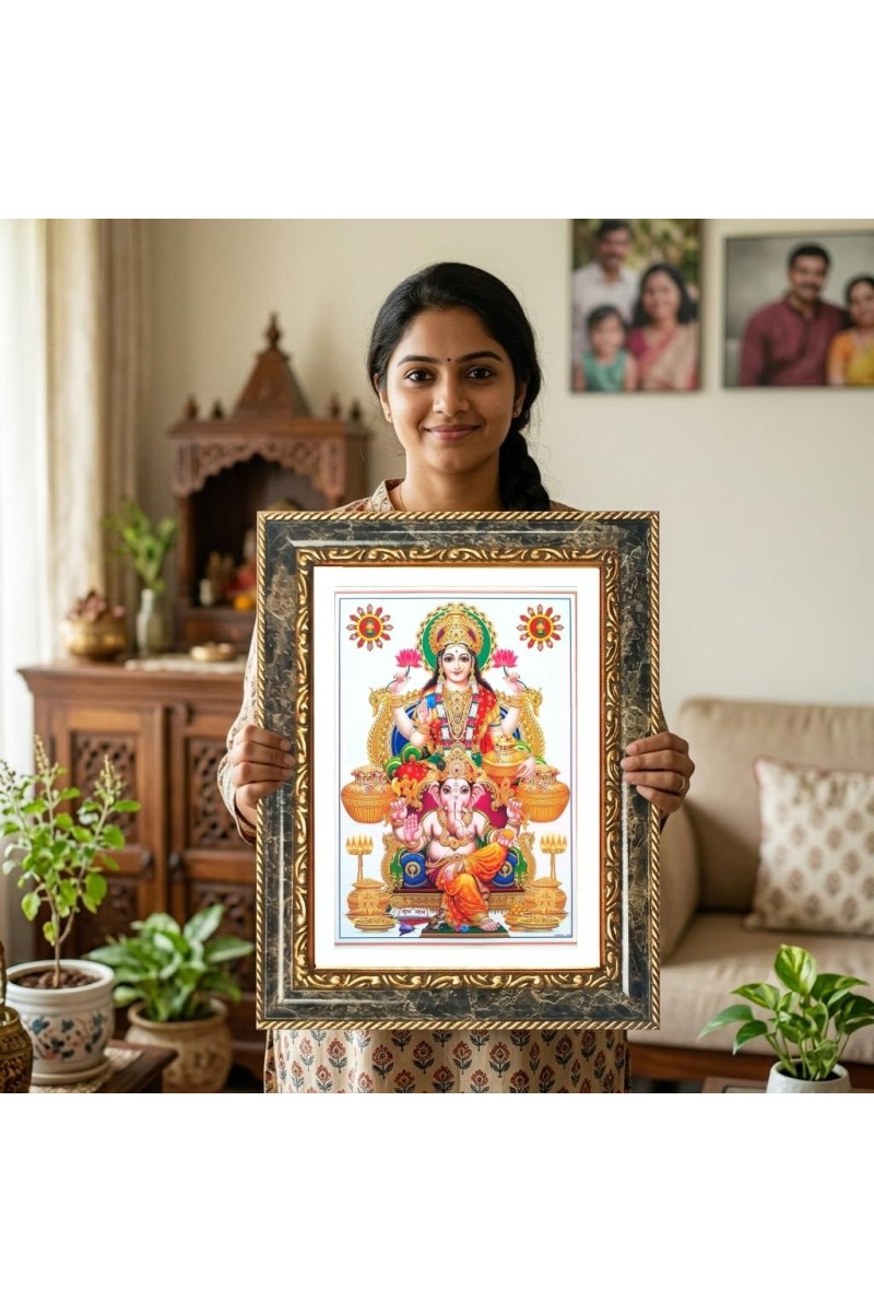 Lakshmi And Ganeshaa Decorative Photo Frame With White Mount | Premium Wall & Tabletop Picture Frame | Home, Office & Temple Decoration | 8x12 Inch (Pack Of 1) (F33155)