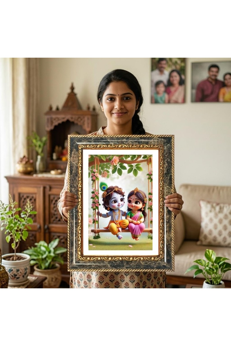 Little Krishna And Balarama Decorative Photo Frame With White Mount | Premium Wall & Tabletop Picture Frame | Home, Office & Temple Decoration | 8x12 Inch (Pack Of 1) (F32975)