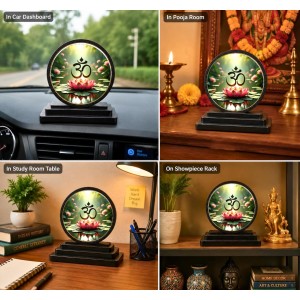Car Dashboard Wooden Om Symbol Showpiece | 4 X 4.5 Inch Sublimation Printed Decorative Stand | 4 Mm MDF | Home Decor | Made in India (F33282)