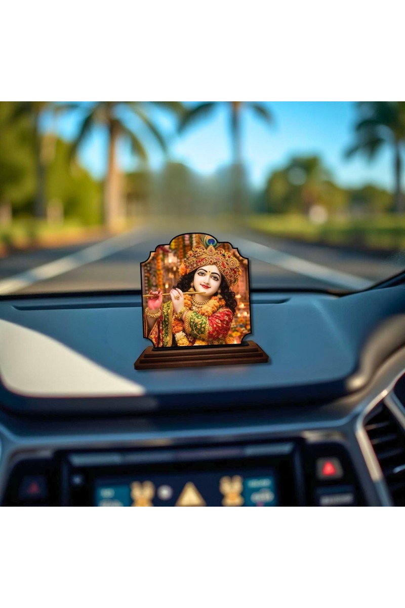 Car Dashboard/Table Top Lord Krishna Wooden Rectangle Photo Stand 3x4 Inches, Compact & Stylish Spiritual Display for Car, Home & Office (Pack of 1) (F22201)