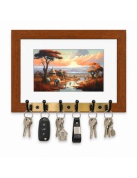 Decorative Wooden Photo Frame Key Hanger With Nature Picture, 12 X 8 Inch Wall Key Holder, 10 X 6 Inch Glossy Photo Frame, 6 Metal Hooks, Home Entrance Decor, Made In India (F38798)