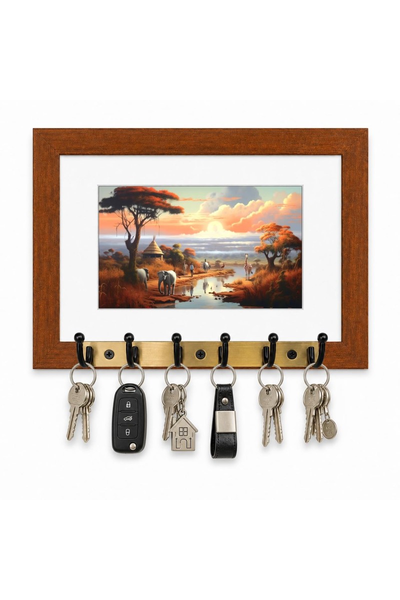 Decorative Wooden Photo Frame Key Hanger With Nature Picture, 12 X 8 Inch Wall Key Holder, 10 X 6 Inch Glossy Photo Frame, 6 Metal Hooks, Home Entrance Decor, Made In India (F38798)
