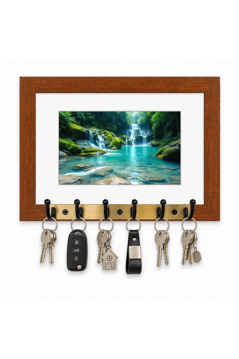 Decorative Wooden Photo Frame Key Hanger With Nature Picture, 12 X 8 Inch Wall Key Holder, 10 X 6 Inch Glossy Photo Frame, 6 Metal Hooks, Home Entrance Decor, Made In India (F38682)
