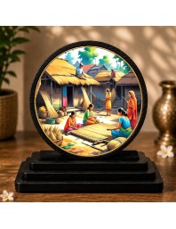 Car Dashboard Wooden Indian Village Scene Showpiece | 4 X 4.5 Inch Sublimation Printed Decorative Stand | 4 Mm MDF | Home Decor | Made in India (F33298)