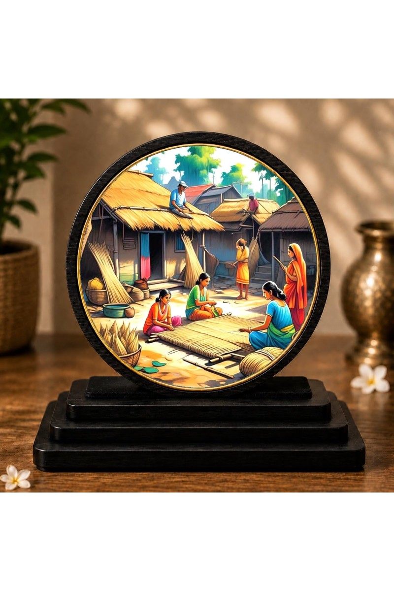 Car Dashboard Wooden Indian Village Scene Showpiece | 4 X 4.5 Inch Sublimation Printed Decorative Stand | 4 Mm MDF | Home Decor | Made in India (F33298)