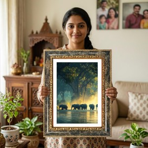 Elephants Decorative Photo Frame With White Mount | Premium Wall & Tabletop Picture Frame | Home, Office & Temple Decoration | 8x12 Inch (Pack Of 1) (F33022)