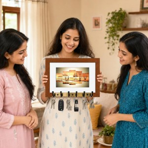 Decorative Wooden Photo Frame Key Hanger With Nature Picture, 12 X 8 Inch Wall Key Holder, 10 X 6 Inch Glossy Photo Frame, 6 Metal Hooks, Home Entrance Decor, Made In India (F38731)
