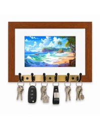 Decorative Wooden Photo Frame Key Hanger With Nature Picture, 12 X 8 Inch Wall Key Holder, 10 X 6 Inch Glossy Photo Frame, 6 Metal Hooks, Home Entrance Decor, Made In India (F38790)