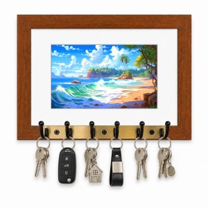 Decorative Wooden Photo Frame Key Hanger With Nature Picture, 12 X 8 Inch Wall Key Holder, 10 X 6 Inch Glossy Photo Frame, 6 Metal Hooks, Home Entrance Decor, Made In India (F38790)