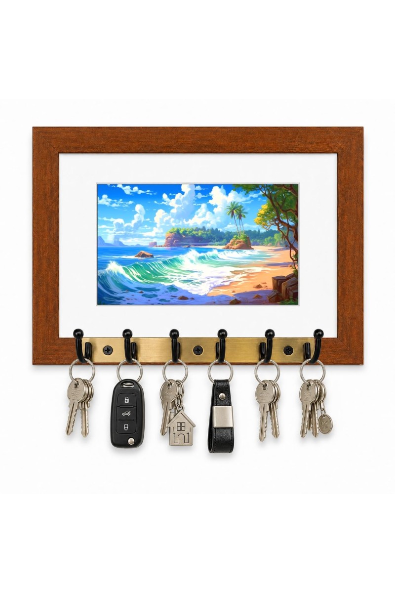 Decorative Wooden Photo Frame Key Hanger With Nature Picture, 12 X 8 Inch Wall Key Holder, 10 X 6 Inch Glossy Photo Frame, 6 Metal Hooks, Home Entrance Decor, Made In India (F38790)