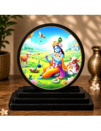 Car Dashboard Wooden Lord Krishna Showpiece | 4 X 4.5 Inch Sublimation Printed Decorative Stand | 4 Mm MDF | Home Decor | Made in India (F33396)