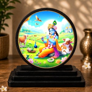 Car Dashboard Wooden Lord Krishna Showpiece | 4 X 4.5 Inch Sublimation Printed Decorative Stand | 4 Mm MDF | Home Decor | Made in India (F33396)