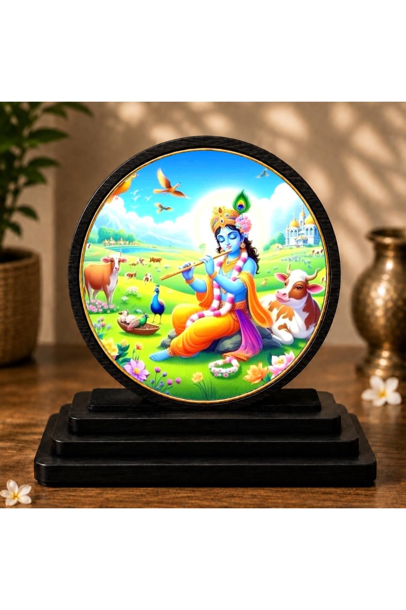 Car Dashboard Wooden Lord Krishna Showpiece | 4 X 4.5 Inch Sublimation Printed Decorative Stand | 4 Mm MDF | Home Decor | Made in India (F33396)