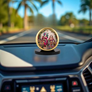 Car Dashboard/Table Top Radhaa And Krishna Metal Golden Photo Stand 2x2 Inches, Compact & Stylish Spiritual Display For Car, Home & Office (Pack Of 1) (F24742)
