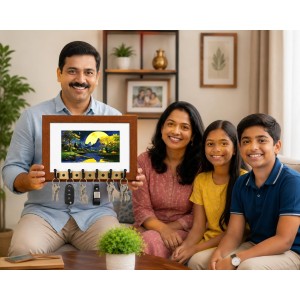 Decorative Wooden Photo Frame Key Hanger With Nature Picture, 12 X 8 Inch Wall Key Holder, 10 X 6 Inch Glossy Photo Frame, 6 Metal Hooks, Home Entrance Decor, Made In India (F38761)