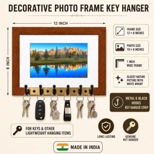 Decorative Wooden Photo Frame Key Hanger With Nature Picture, 12 X 8 Inch Wall Key Holder, 10 X 6 Inch Glossy Photo Frame, 6 Metal Hooks, Home Entrance Decor, Made In India (F38659)