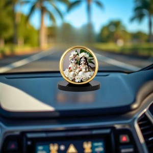 Car Dashboard/Table Top Radhaa Krishna Metal Golden Photo Stand 2x2 Inches, Compact & Stylish Spiritual Display For Car, Home & Office (Pack Of 1) (F24686)