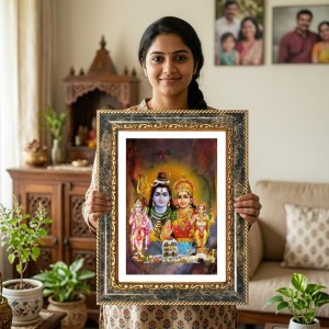 Shiva Family Decorative Photo Frame With White Mount | Premium Wall & Tabletop Picture Frame | Home, Office & Temple Decoration | 10x14 Inch (Pack Of 1) (F33084)