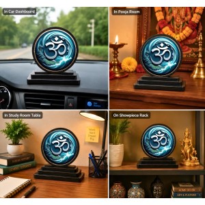 Car Dashboard Wooden Om Symbol Showpiece | 4 X 4.5 Inch Sublimation Printed Decorative Stand | 4 Mm MDF | Home Decor | Made in India (F33393)