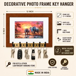 Decorative Wooden Photo Frame Key Hanger With Nature Picture, 12 X 8 Inch Wall Key Holder, 10 X 6 Inch Glossy Photo Frame, 6 Metal Hooks, Home Entrance Decor, Made In India (F38772)