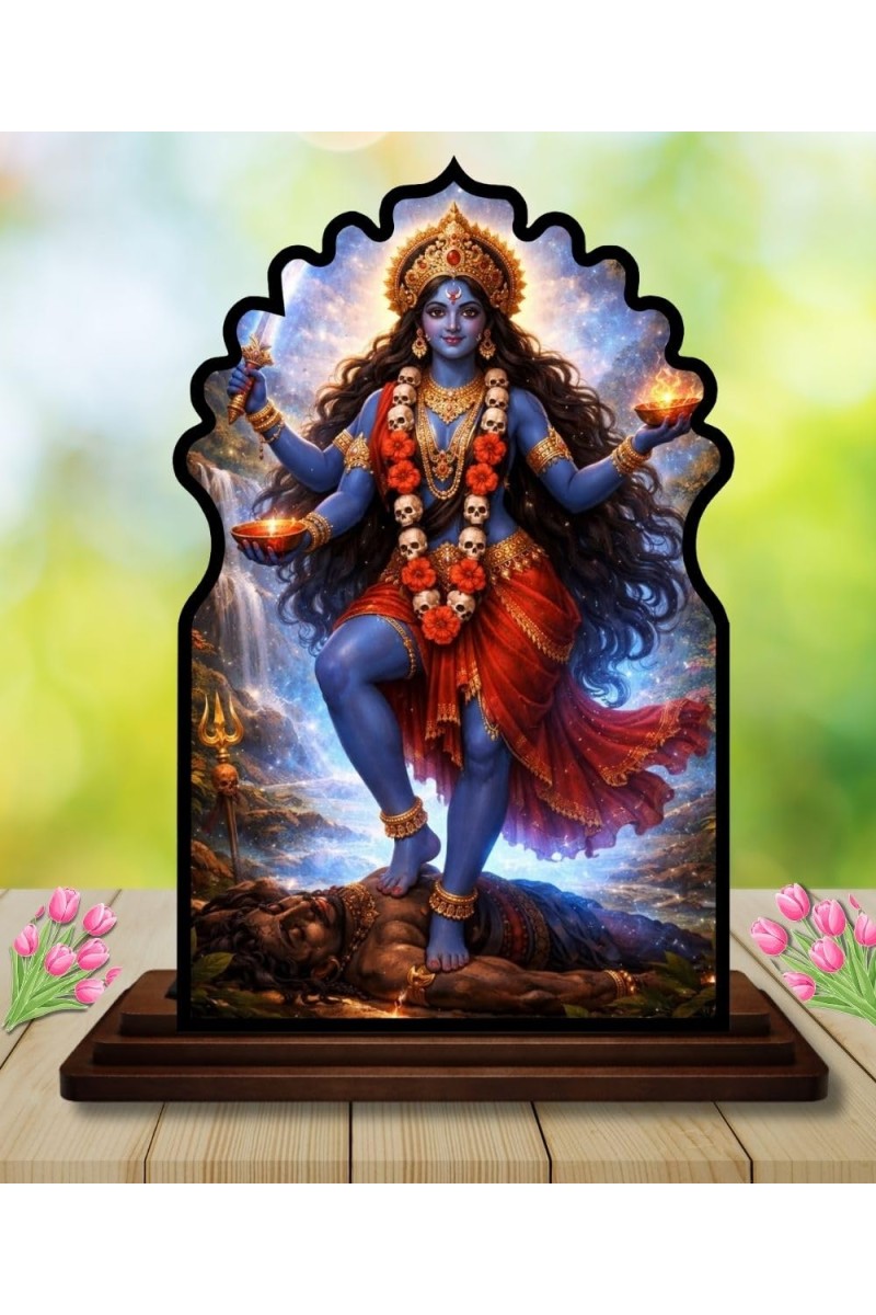Car Dashboard/Table Top Goddess Kali Wooden Temple Photo Stand 3x4 Inches, Compact & Stylish Spiritual Display for Car, Home & Office (Pack of 1) (F22654)