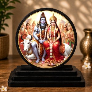 Car Dashboard Wooden Lord Shiva and Goddess Parvati Showpiece | 4 X 4.5 Inch Sublimation Printed Decorative Stand | 4 Mm MDF | Home Decor | Made in India (F33360)