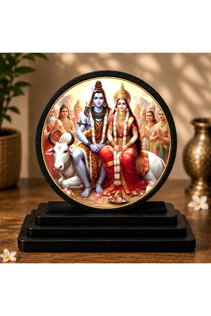 Car Dashboard Wooden Lord Shiva and Goddess Parvati Showpiece | 4 X 4.5 Inch Sublimation Printed Decorative Stand | 4 Mm MDF | Home Decor | Made in India (F33360)