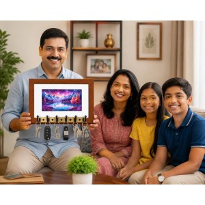 Decorative Wooden Photo Frame Key Hanger With Nature Picture, 12 X 8 Inch Wall Key Holder, 10 X 6 Inch Glossy Photo Frame, 6 Metal Hooks, Home Entrance Decor, Made In India (F38910)