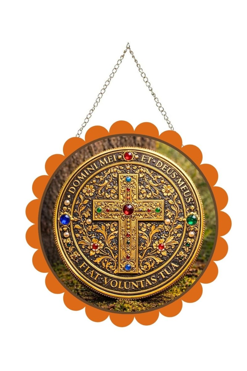 Jesus Symbol Wall Hanging Photo Frame | 8 Inch Round Floral Design With Golden Hanging Chain | Decorative Religious Wall Decor For Home, Office, Temple & Pooja Room (F22183)