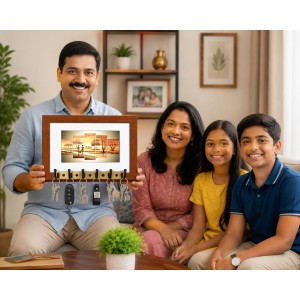 Decorative Wooden Photo Frame Key Hanger With Nature Picture, 12 X 8 Inch Wall Key Holder, 10 X 6 Inch Glossy Photo Frame, 6 Metal Hooks, Home Entrance Decor, Made In India (F38731)