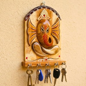 Wooden Ganesha Key Holder for Wall with 5 Metal Hooks | Handcrafted Wooden Ganesh Key Stand & Key Hanger | Decorative Wall Mounted Key Organizer for Home Entrance, Living Room & Office