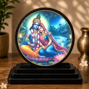 Car Dashboard Wooden Radhe Krishna Showpiece | 4 X 4.5 Inch Sublimation Printed Decorative Stand | 4 Mm MDF | Home Decor | Made in India (F33731)