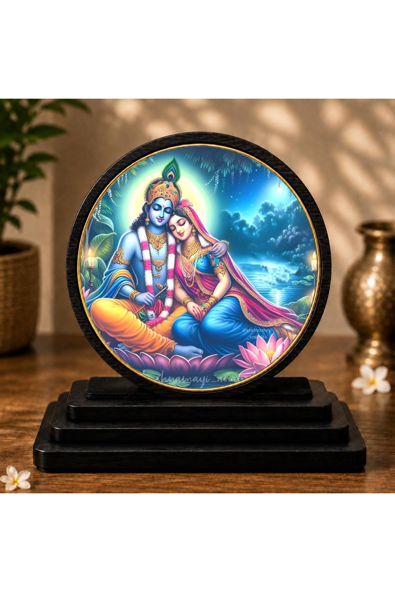 Car Dashboard Wooden Radhe Krishna Showpiece | 4 X 4.5 Inch Sublimation Printed Decorative Stand | 4 Mm MDF | Home Decor | Made in India (F33731)