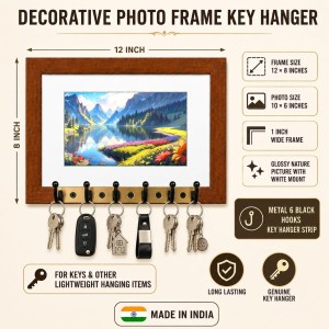 Decorative Wooden Photo Frame Key Hanger With Nature Picture, 12 X 8 Inch Wall Key Holder, 10 X 6 Inch Glossy Photo Frame, 6 Metal Hooks, Home Entrance Decor, Made In India (F38706)