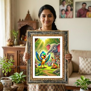 Vibrant Jungle Animal Scene. Decorative Photo Frame With White Mount | Premium Wall & Tabletop Picture Frame | Home, Office & Temple Decoration | 10x14 Inch (Pack Of 1) (F32686)