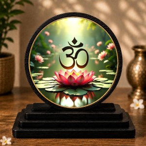 Car Dashboard Wooden Om Symbol Showpiece | 4 X 4.5 Inch Sublimation Printed Decorative Stand | 4 Mm MDF | Home Decor | Made in India (F33282)