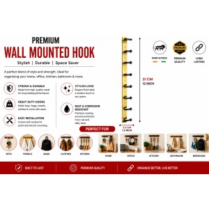 8 Hook Wall Mounted Coat & Towel Hanger Rack | Stainless Steel Heavy Duty Multipurpose Hook Rail | Bathroom, Kitchen, Bedroom & Entryway Organizer | Includes 4 Mounting Screws | Gold & Black