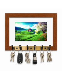 Decorative Wooden Photo Frame Key Hanger With Nature Picture, 12 X 8 Inch Wall Key Holder, 10 X 6 Inch Glossy Photo Frame, 6 Metal Hooks, Home Entrance Decor, Made In India (F38696)