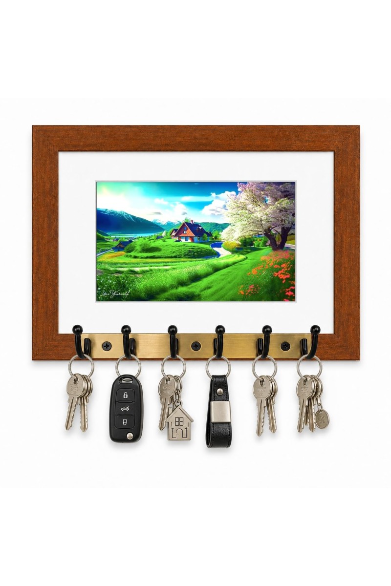 Decorative Wooden Photo Frame Key Hanger With Nature Picture, 12 X 8 Inch Wall Key Holder, 10 X 6 Inch Glossy Photo Frame, 6 Metal Hooks, Home Entrance Decor, Made In India (F38696)