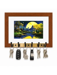 Decorative Wooden Photo Frame Key Hanger With Nature Picture, 12 X 8 Inch Wall Key Holder, 10 X 6 Inch Glossy Photo Frame, 6 Metal Hooks, Home Entrance Decor, Made In India (F38761)