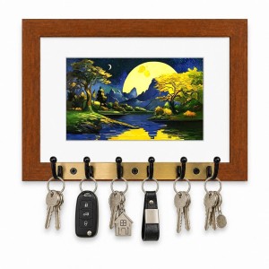 Decorative Wooden Photo Frame Key Hanger With Nature Picture, 12 X 8 Inch Wall Key Holder, 10 X 6 Inch Glossy Photo Frame, 6 Metal Hooks, Home Entrance Decor, Made In India (F38761)