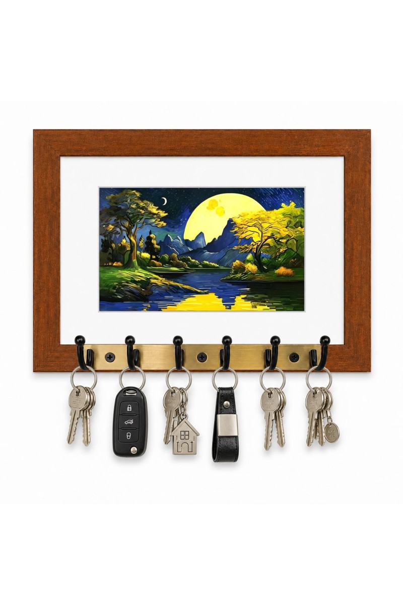 Decorative Wooden Photo Frame Key Hanger With Nature Picture, 12 X 8 Inch Wall Key Holder, 10 X 6 Inch Glossy Photo Frame, 6 Metal Hooks, Home Entrance Decor, Made In India (F38761)